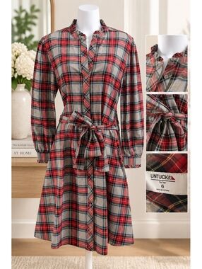 NWOT UNTUCKit Women's Size 6 Plaid Button-Down Shirt Dress with Belt